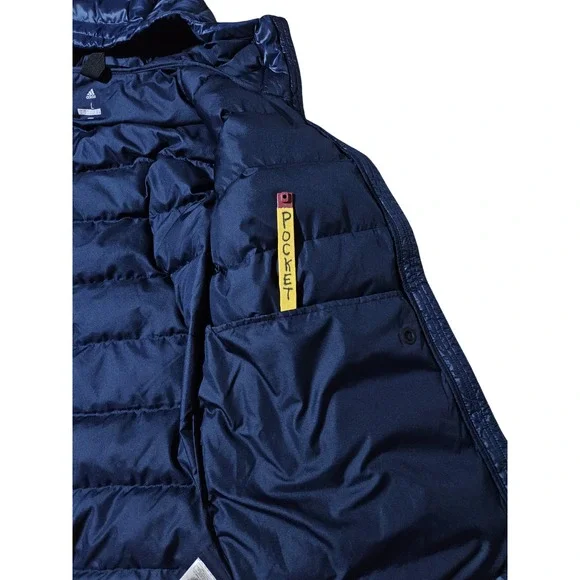 Adidas Itavic 3-Stripes Mens L Blue Hooded Puffer Jacket Full Zip Winter Coat